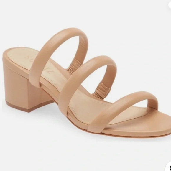 SCHUTZ Tan Slide Sandals with Block Heel Schutz Women's Nude leather Olly 7.5 - Picture 1 of 10